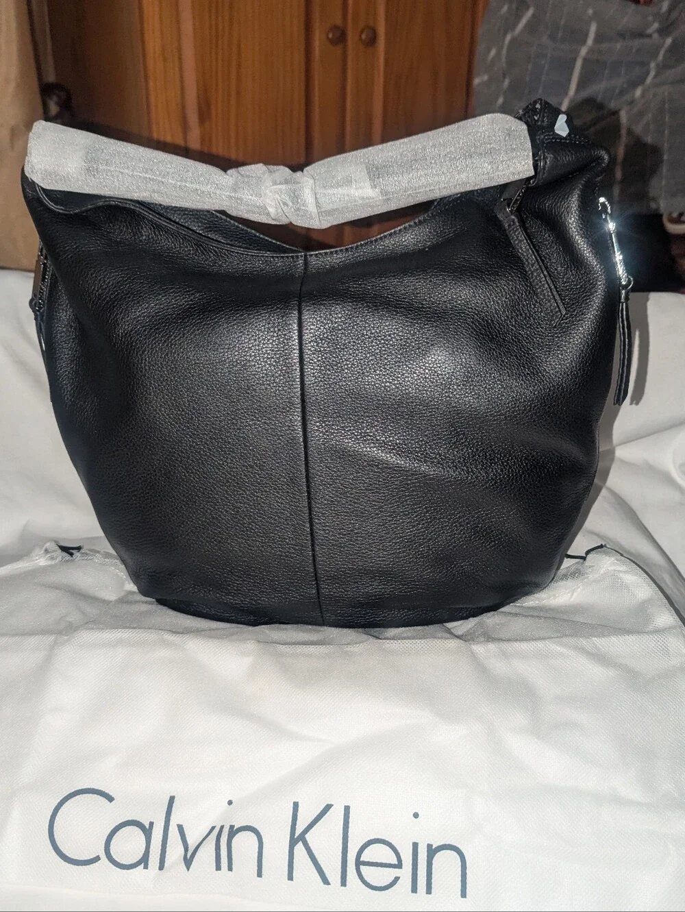 Calvin Klein Samira Black Leather Hobo Bag with Red Floral Embroidery NWT